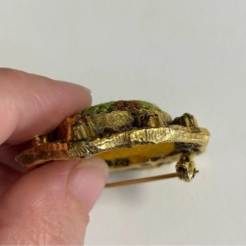 Vintage Earth Tone Gold Oval Needlepoint Brooch Flower